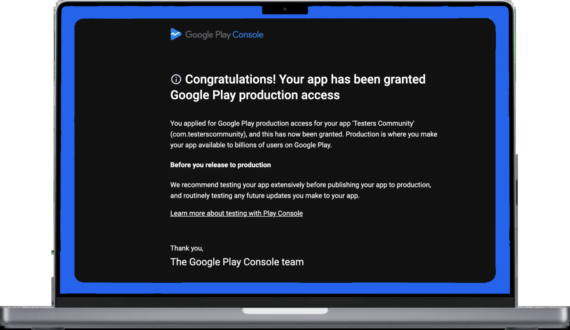 صفحة GoTester تعرض تأكيد الوصول للإصدار على Google Play